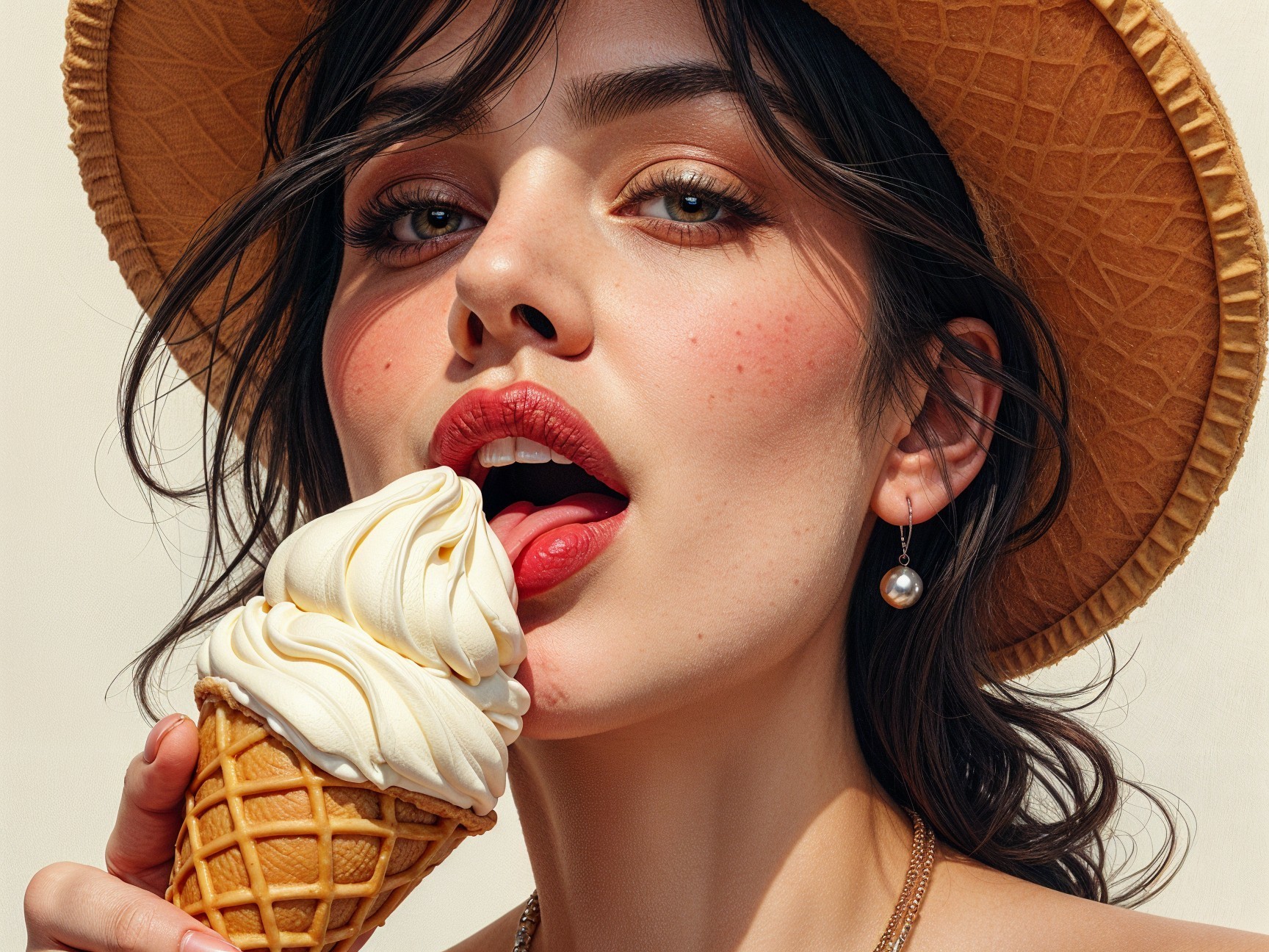 Close-Up Portrait of a Woman Enjoying Ice Cream