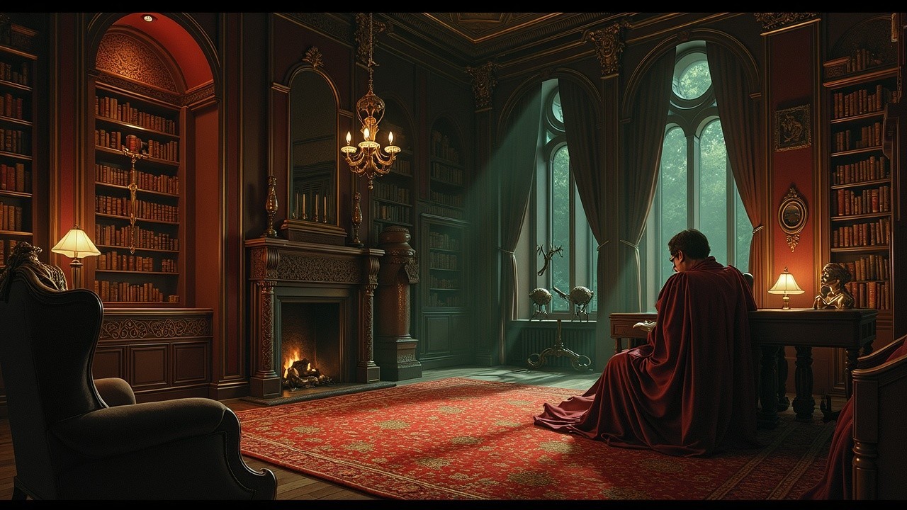 Victorian-style library with gothic window and dark decor