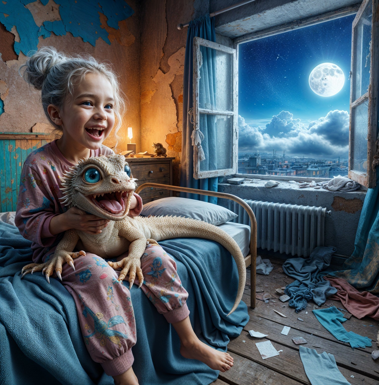Young girl with dragon toy in cozy, moonlit room