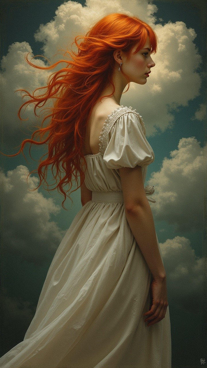 Woman with Red Hair in White Dress Against Cloudy Sky