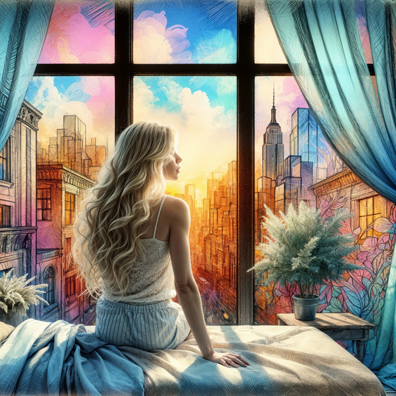 Woman gazing at colorful cityscape during sunset