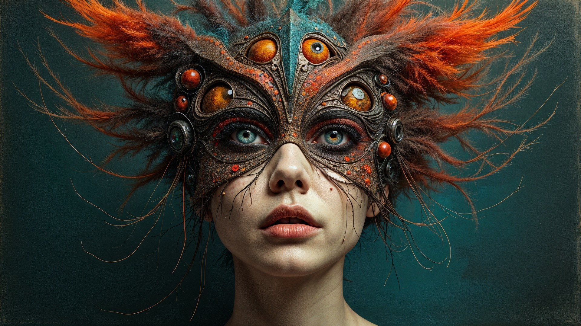 Intricate Mask with Vibrant Colors and Feathers