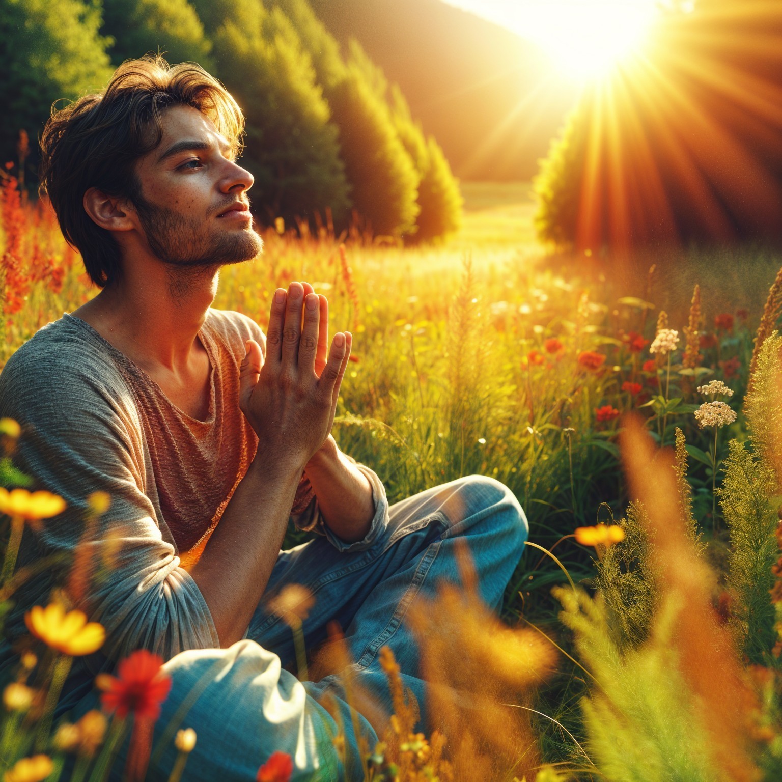 Young man meditating in a wildflower field at sunset