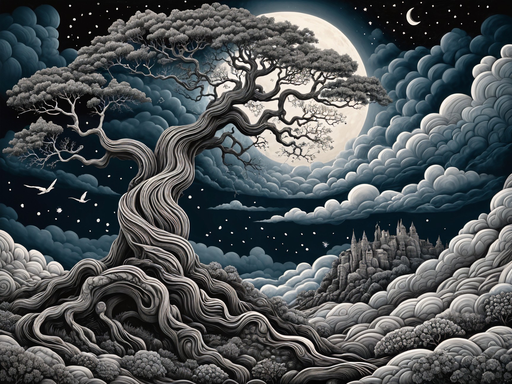 Majestic Twisted Tree Under Night Sky with Castle