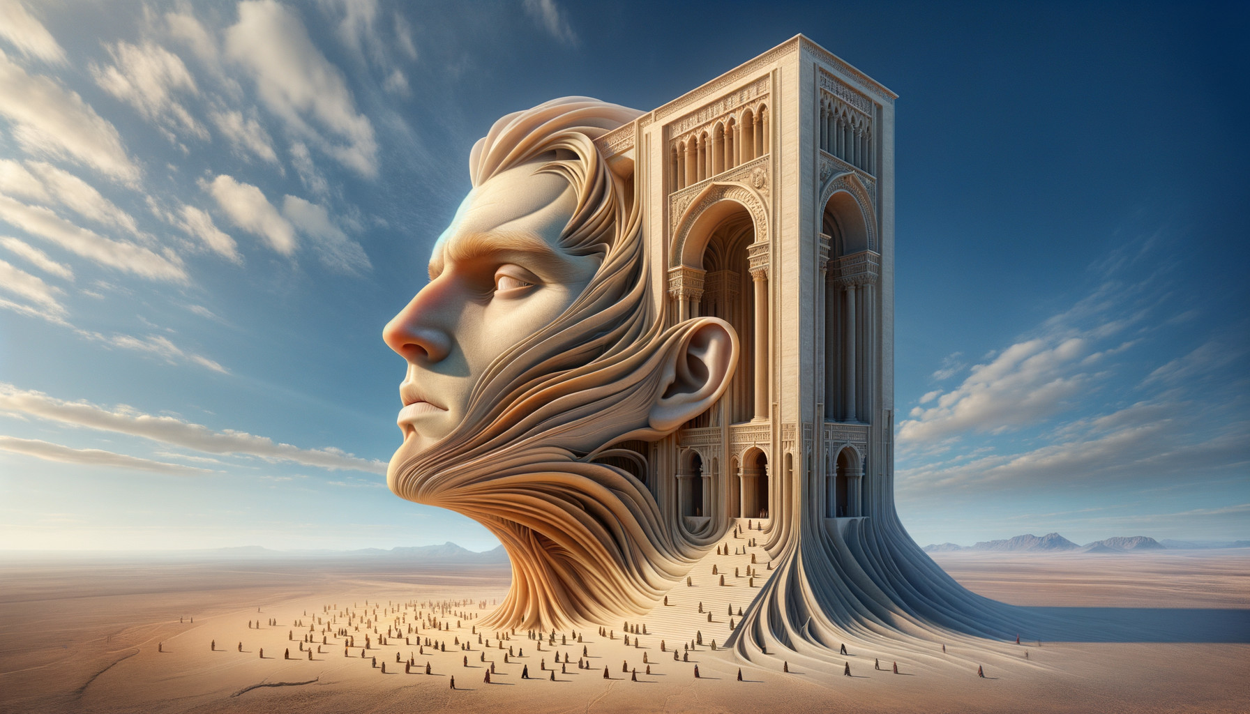 Surreal Landscape with Colossal Sculpted Face and Structure