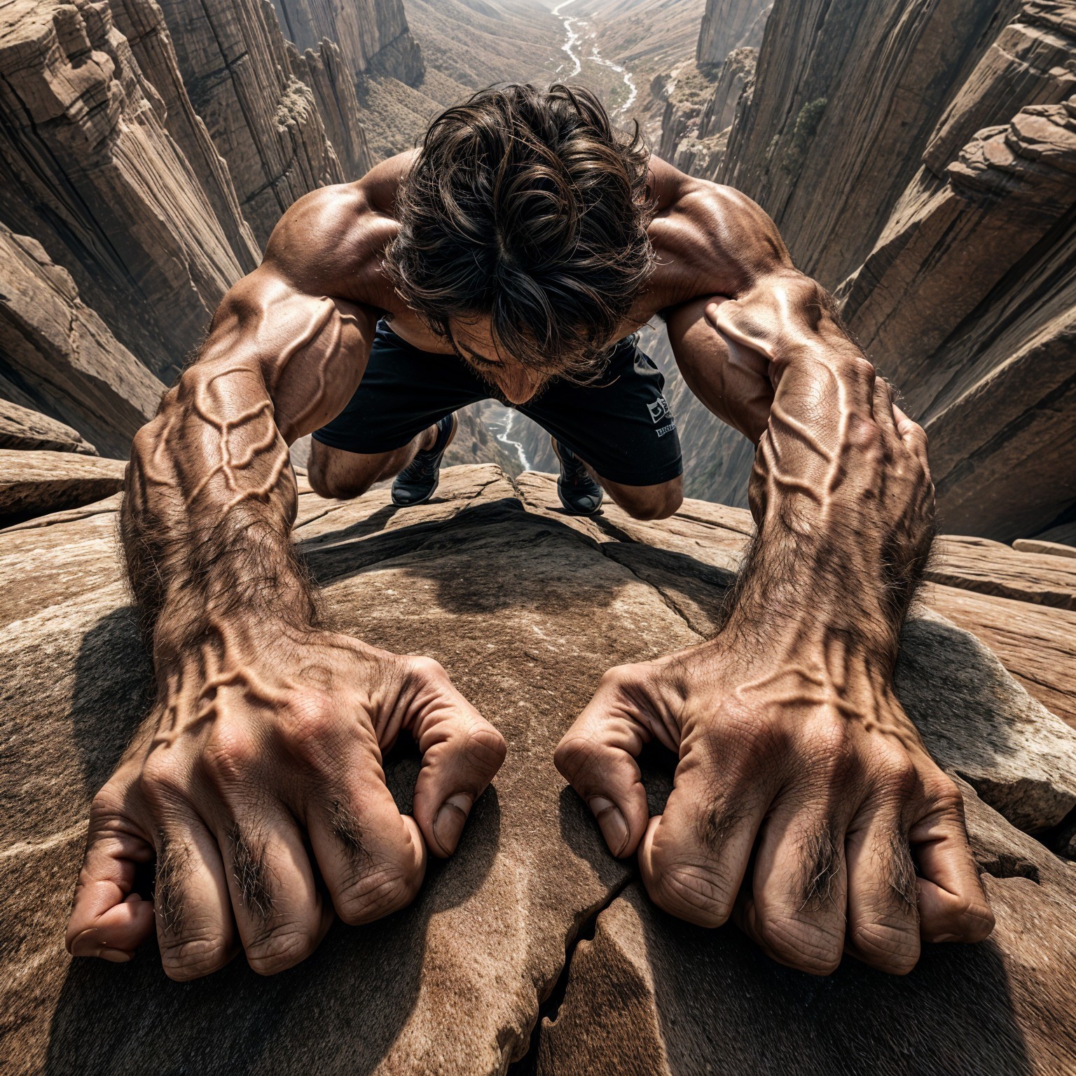 Muscular Climber Overlooks Vast Canyon Landscape