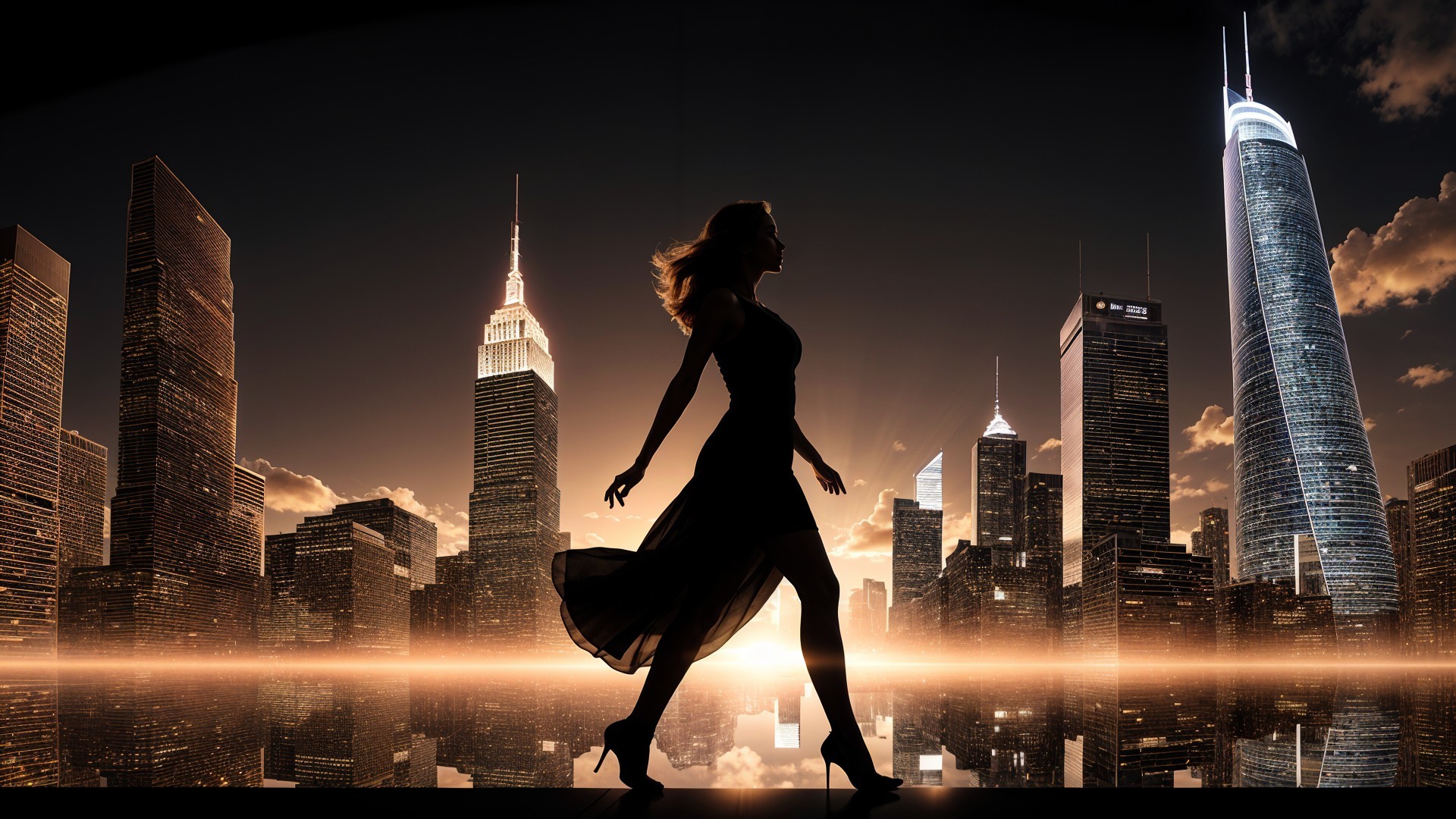 Silhouette of Woman in Elegant Dress Against Skyline