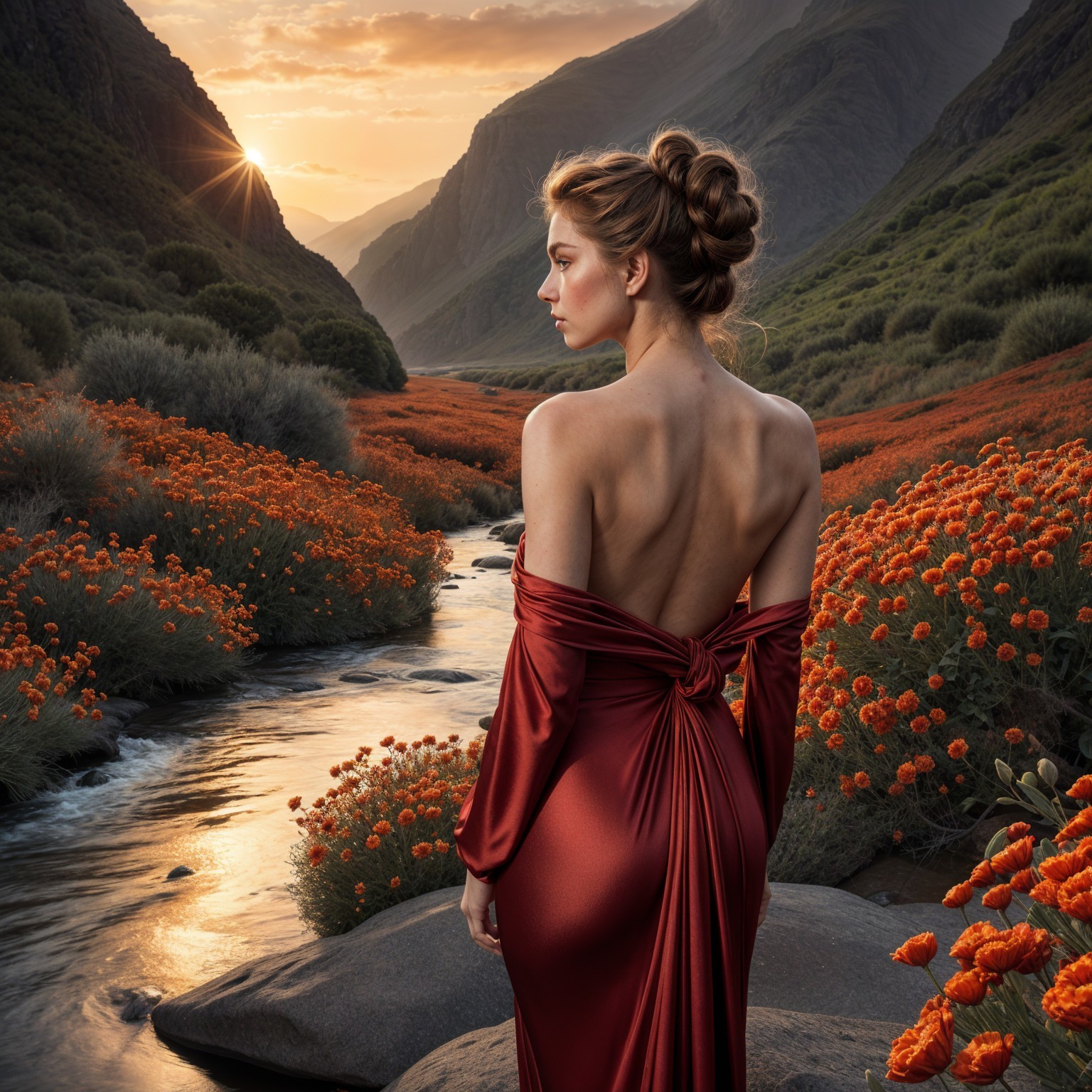Woman in Red Gown by Serene River at Sunset