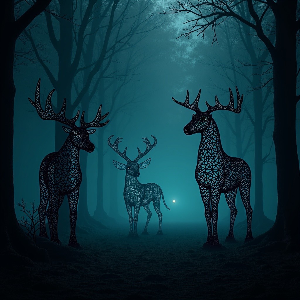 Intricately Designed Deer in a Misty Moonlit Forest