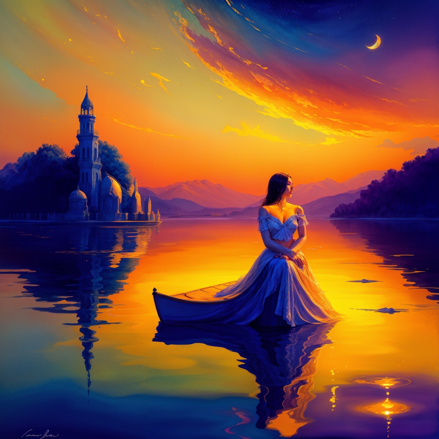 Serene sunset over a tranquil lake with a boat and mountains