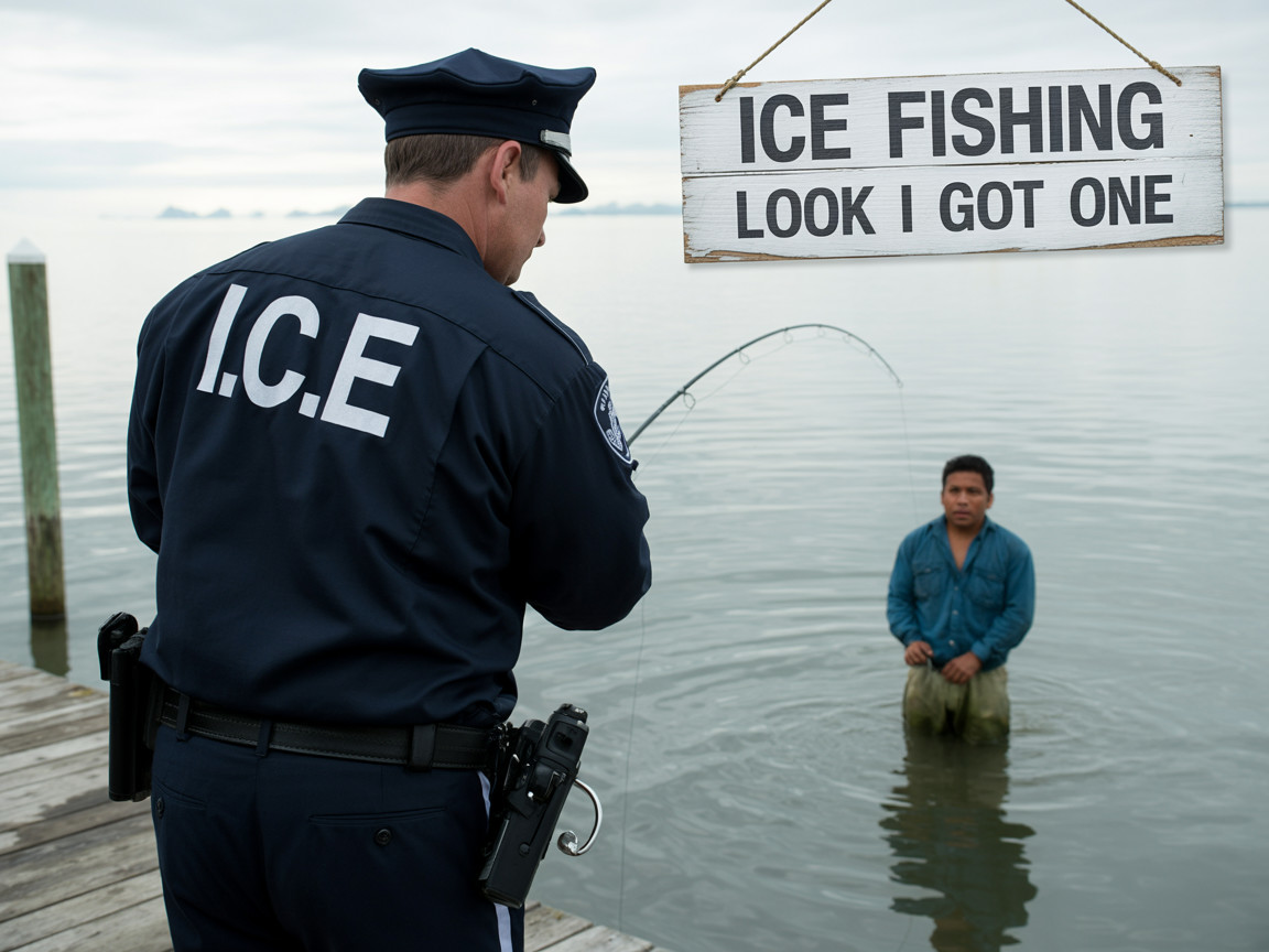 Law Enforcement Officer Fishing on Wooden Dock