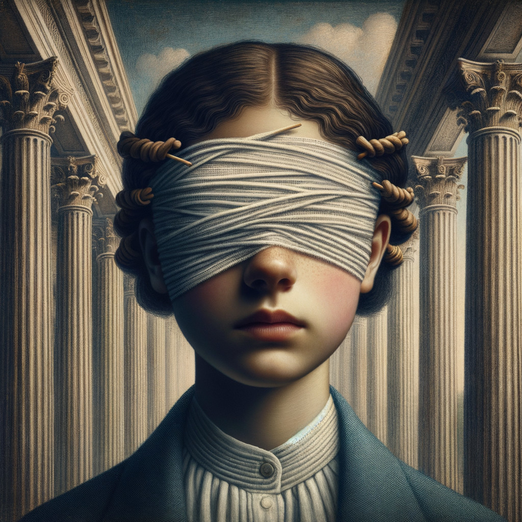 Young girl in vintage outfit with blindfolded eyes