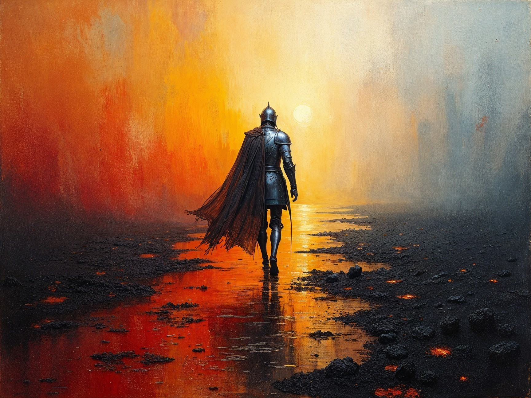 Knight in Armor at Fiery Landscape Horizon