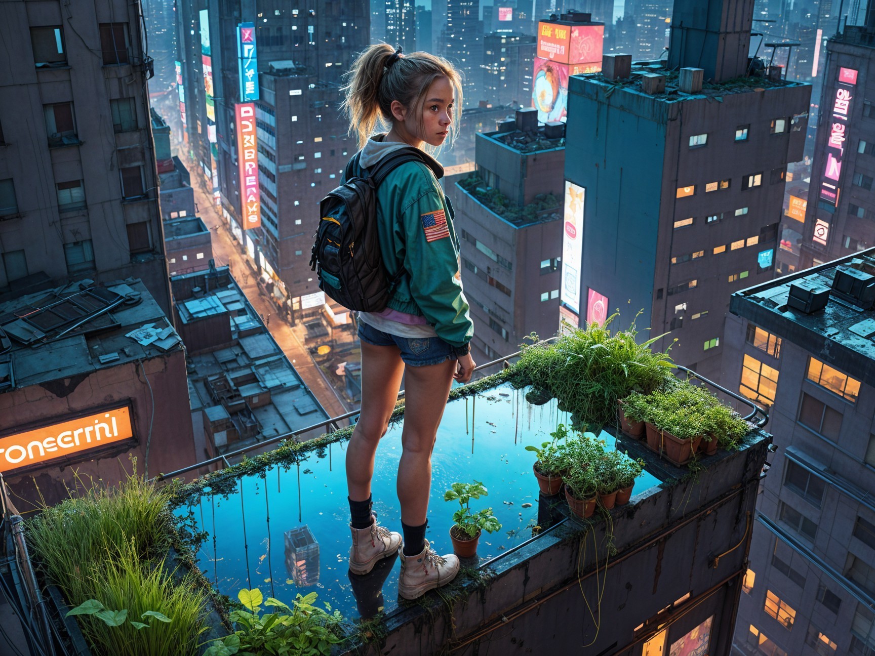 Young Woman on Rooftop Garden with City View