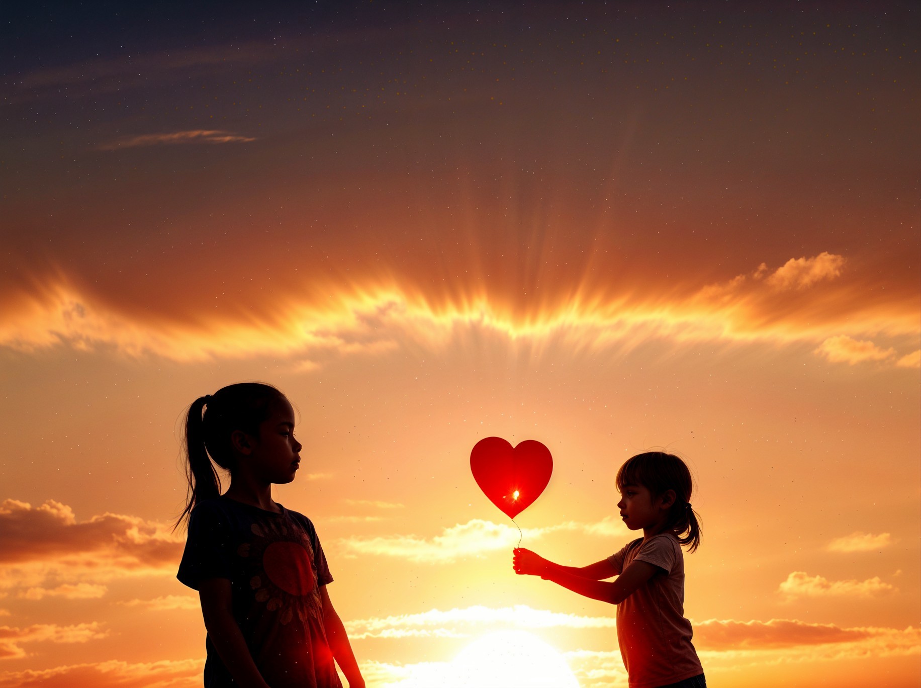 Silhouetted Girls with Heart Balloon at Sunset