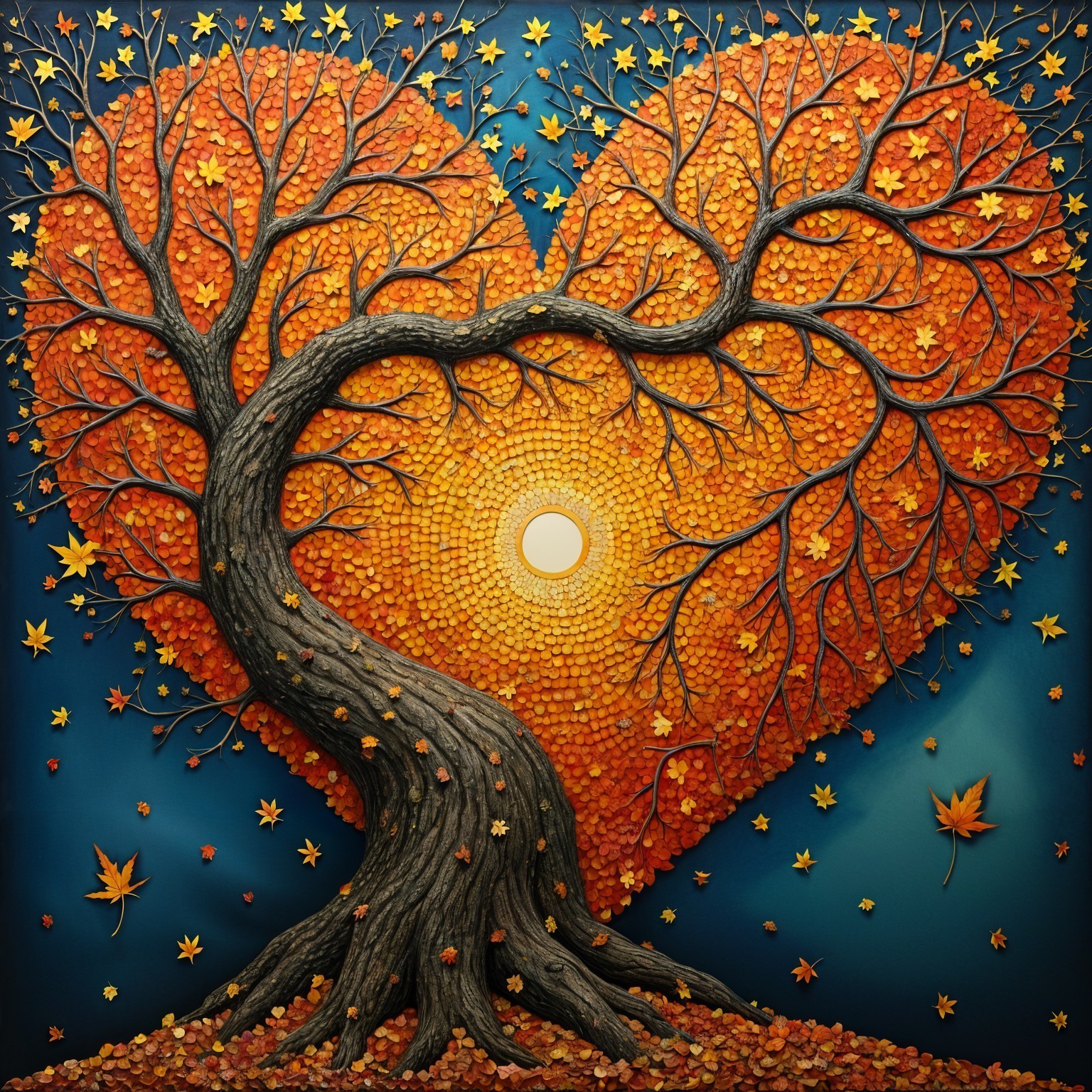 Heart-Shaped Design of Autumn Leaves Against Blue Background