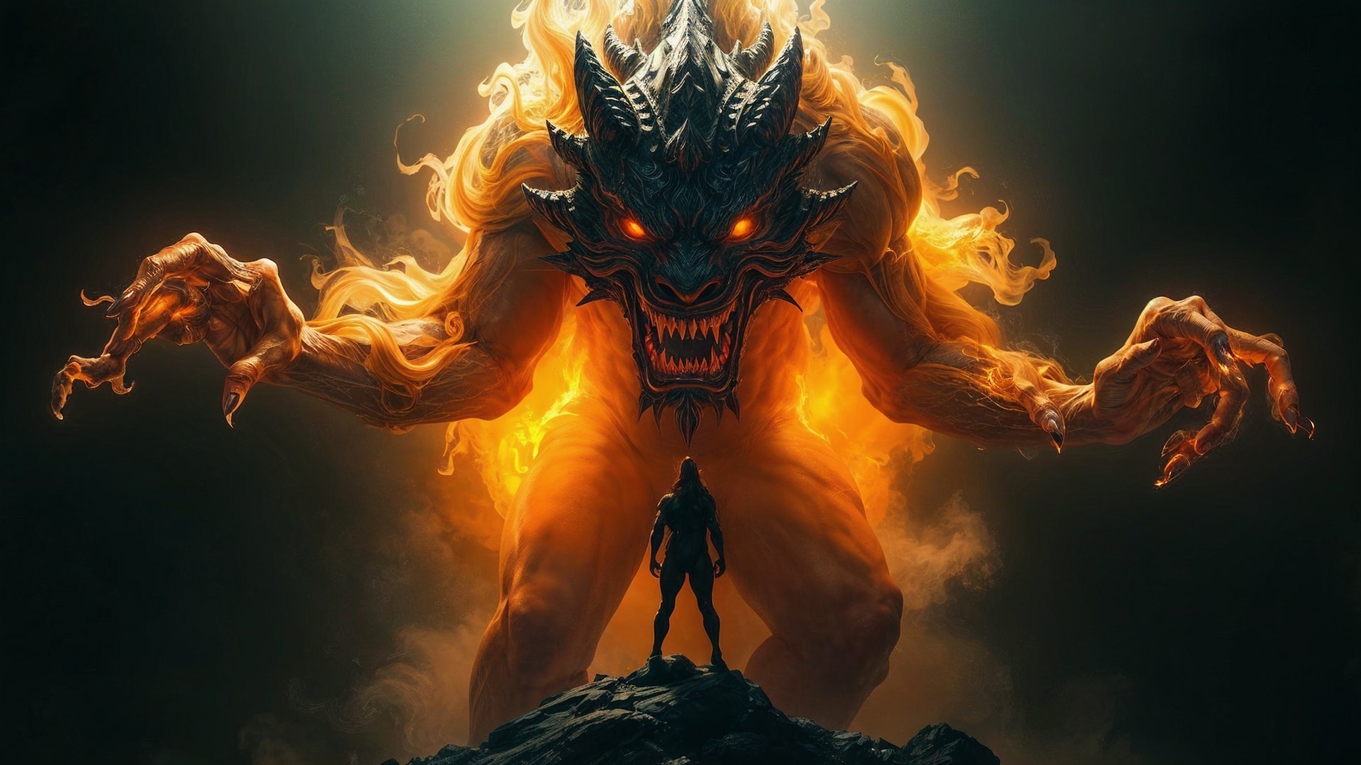 Dramatic Clash of Fiery Demon and Lone Figure