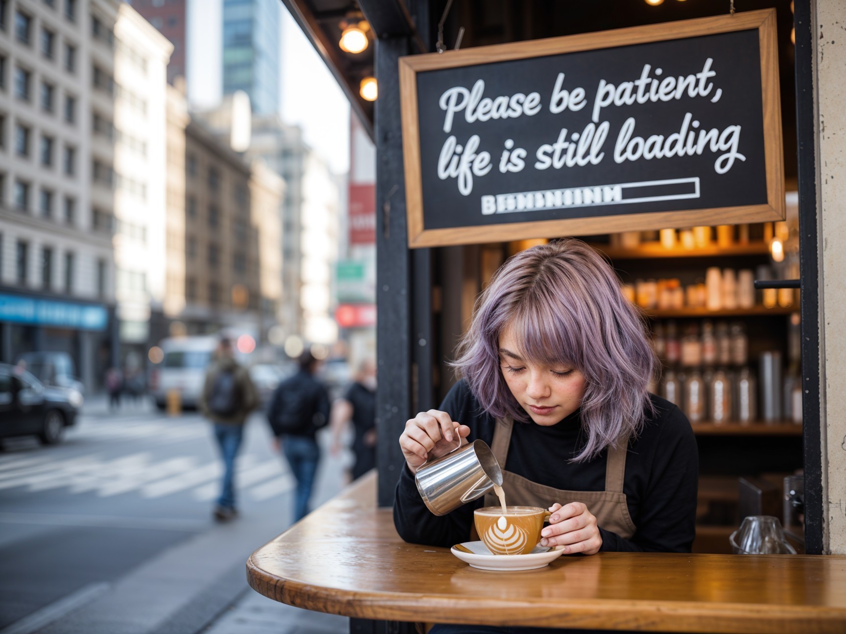 Lavender-haired woman creating latte art in café