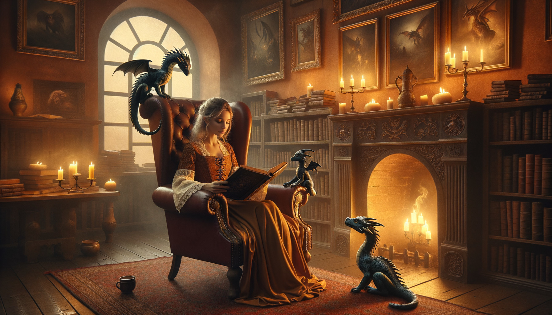Cozy library scene with a woman and two dragons