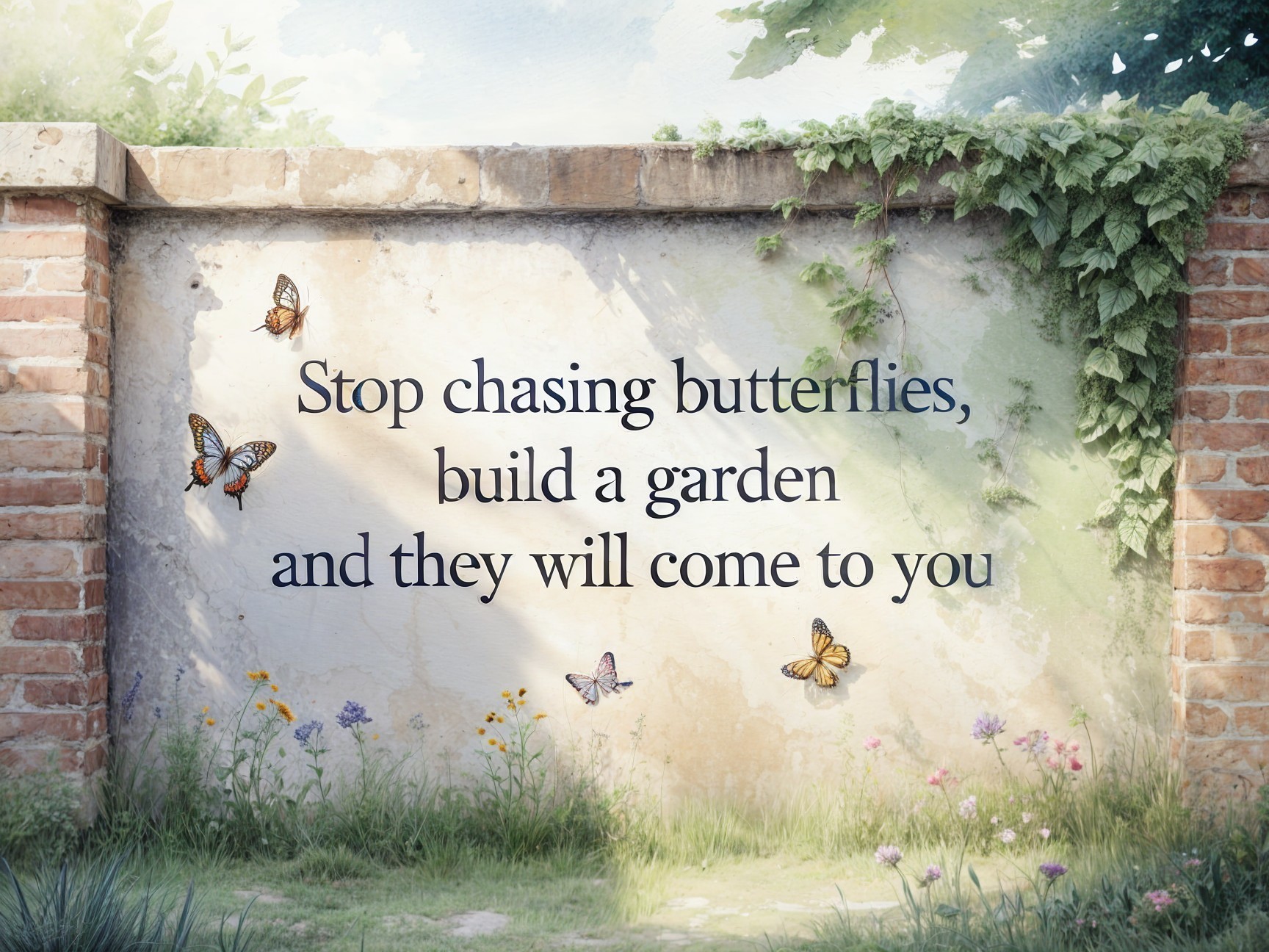 Serene garden scene with climbing greenery and butterflies