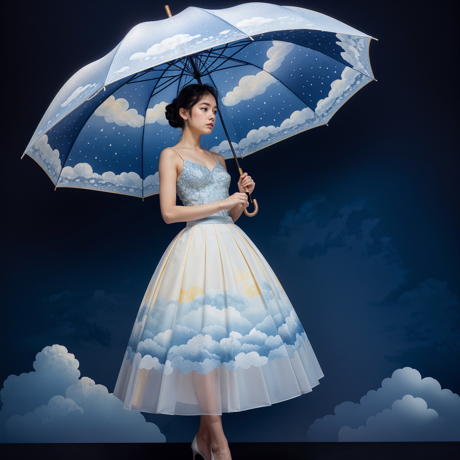 Model Under Dreamy Sky Umbrella with Pastel Outfit