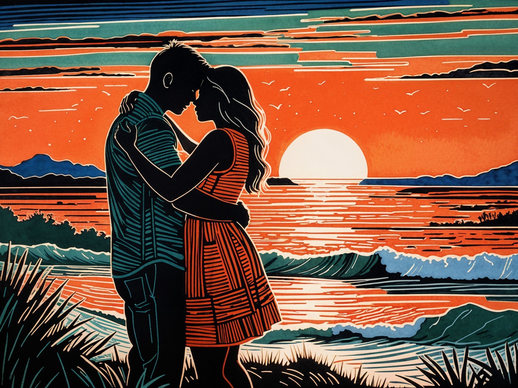Romantic Silhouette of Couple at Vibrant Sunset