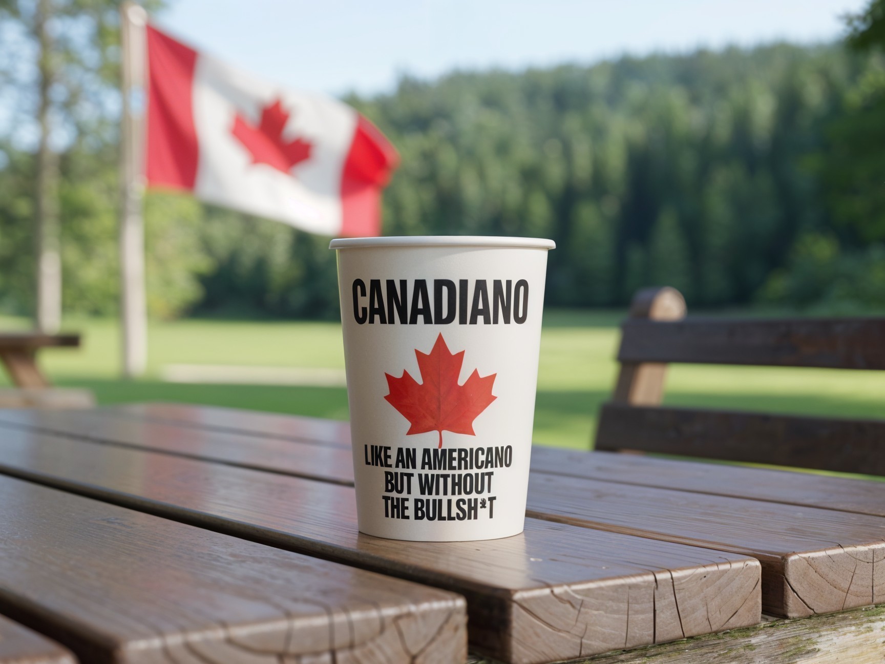 Humorous Coffee Cup with Canadian Design and Flag