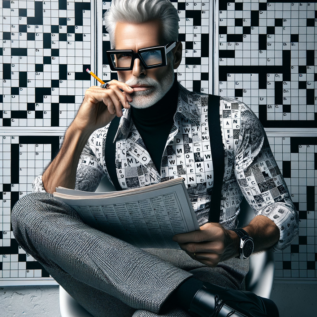 Stylish Older Man in Crossword Puzzle Attire and Chair