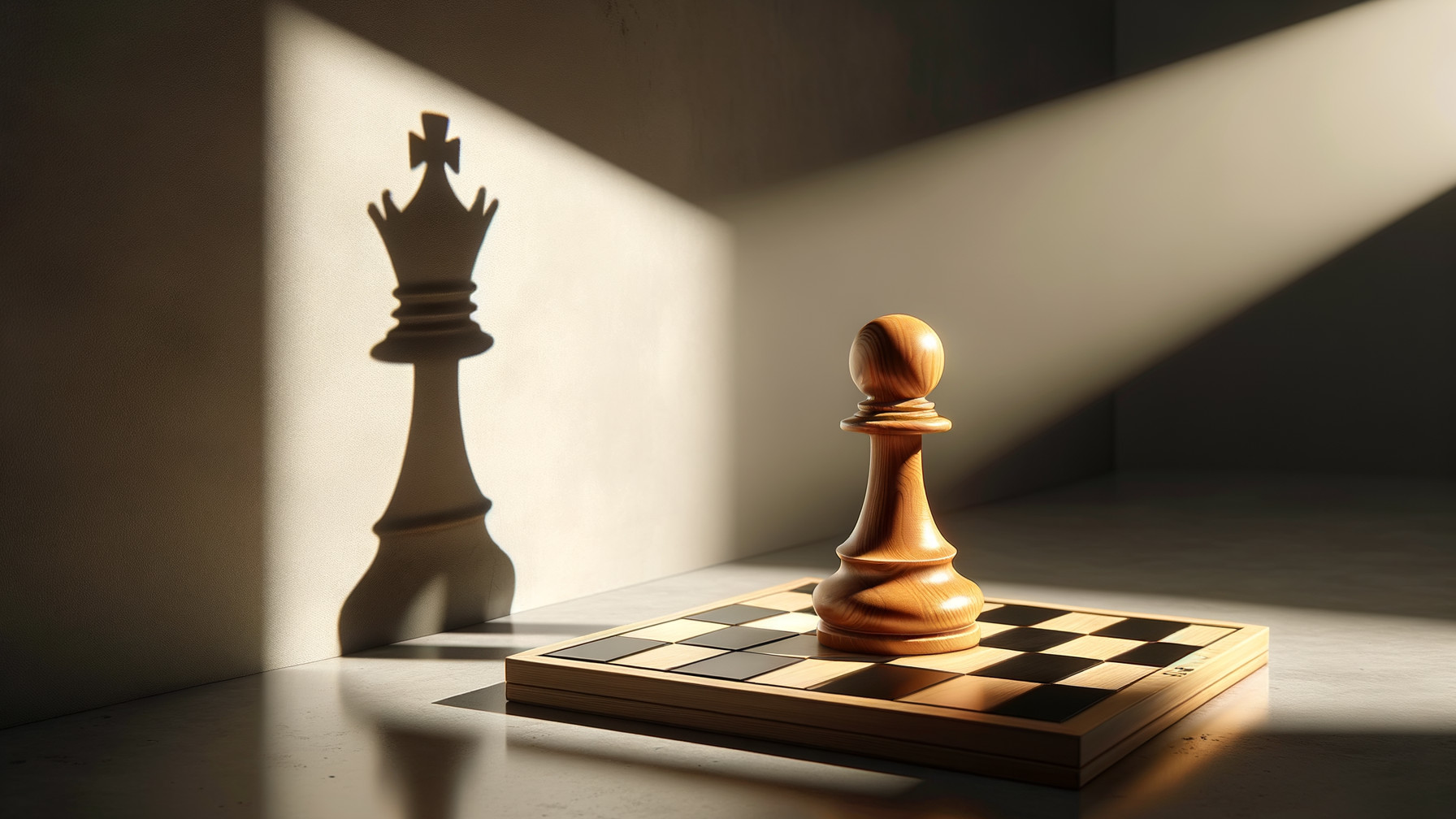 Wooden Pawn on Chessboard with Dramatic Shadow