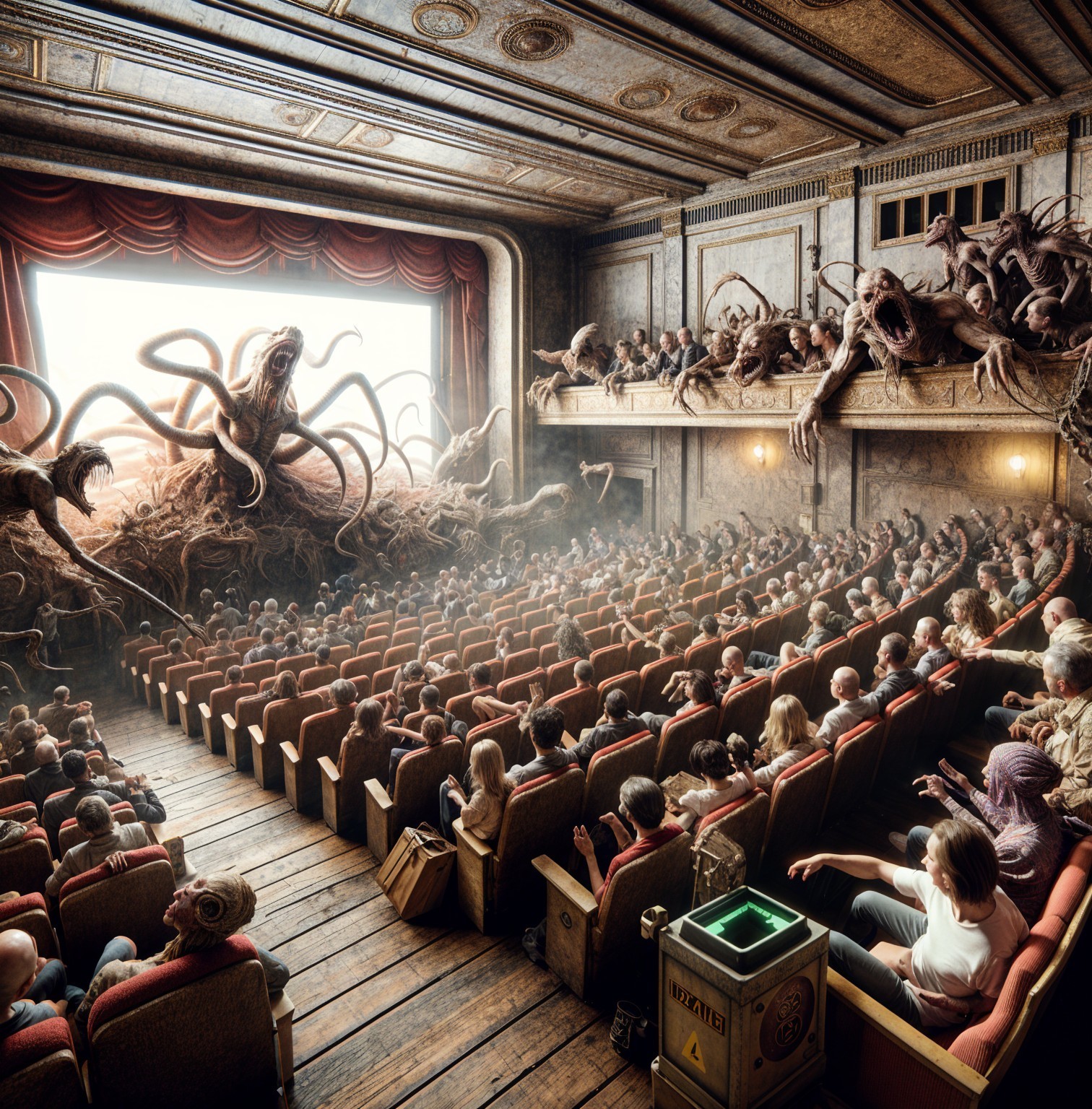 Surreal Theater Performance with Grotesque Creature