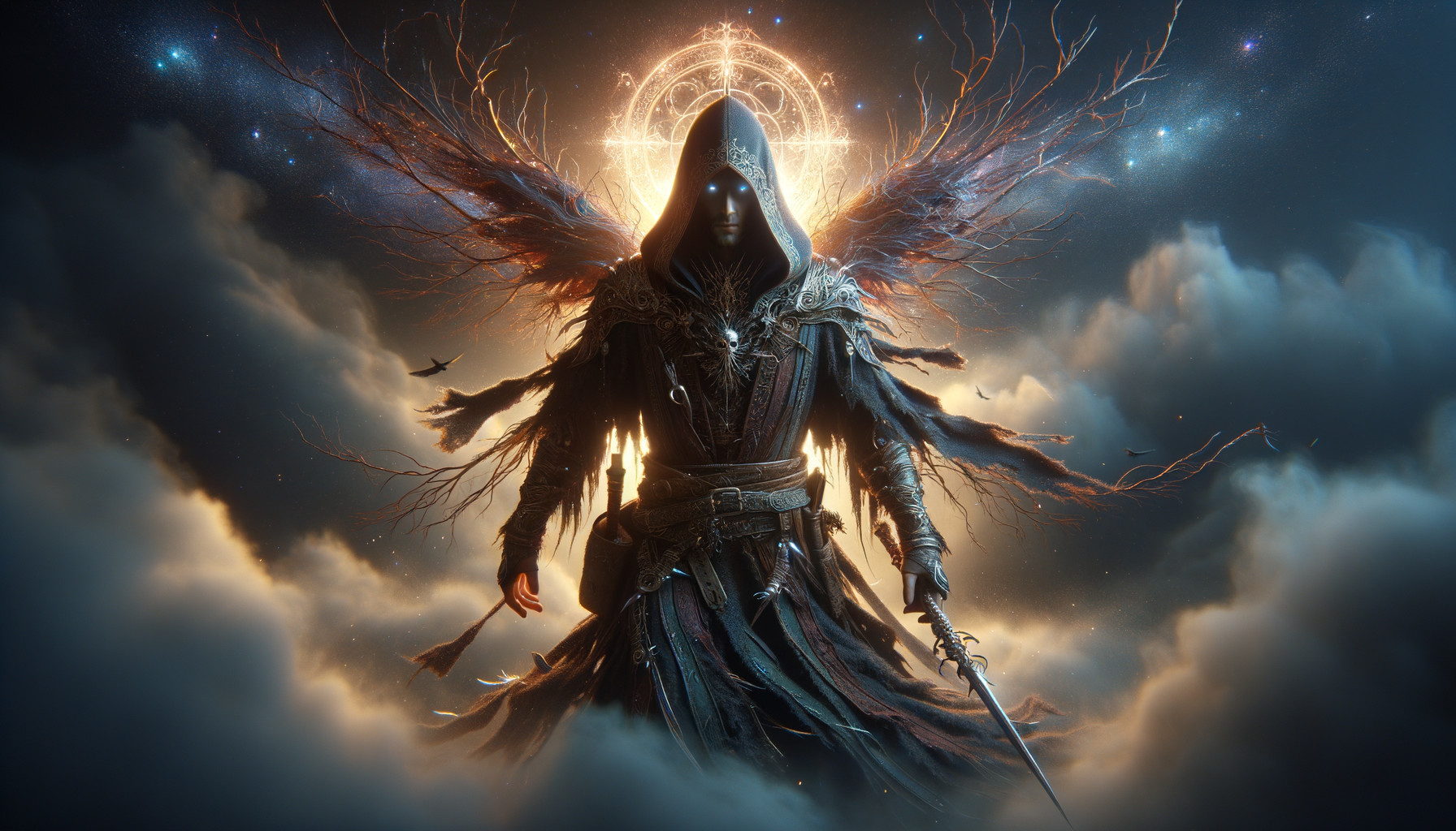 Mysterious cloaked figure with ethereal wings and sword