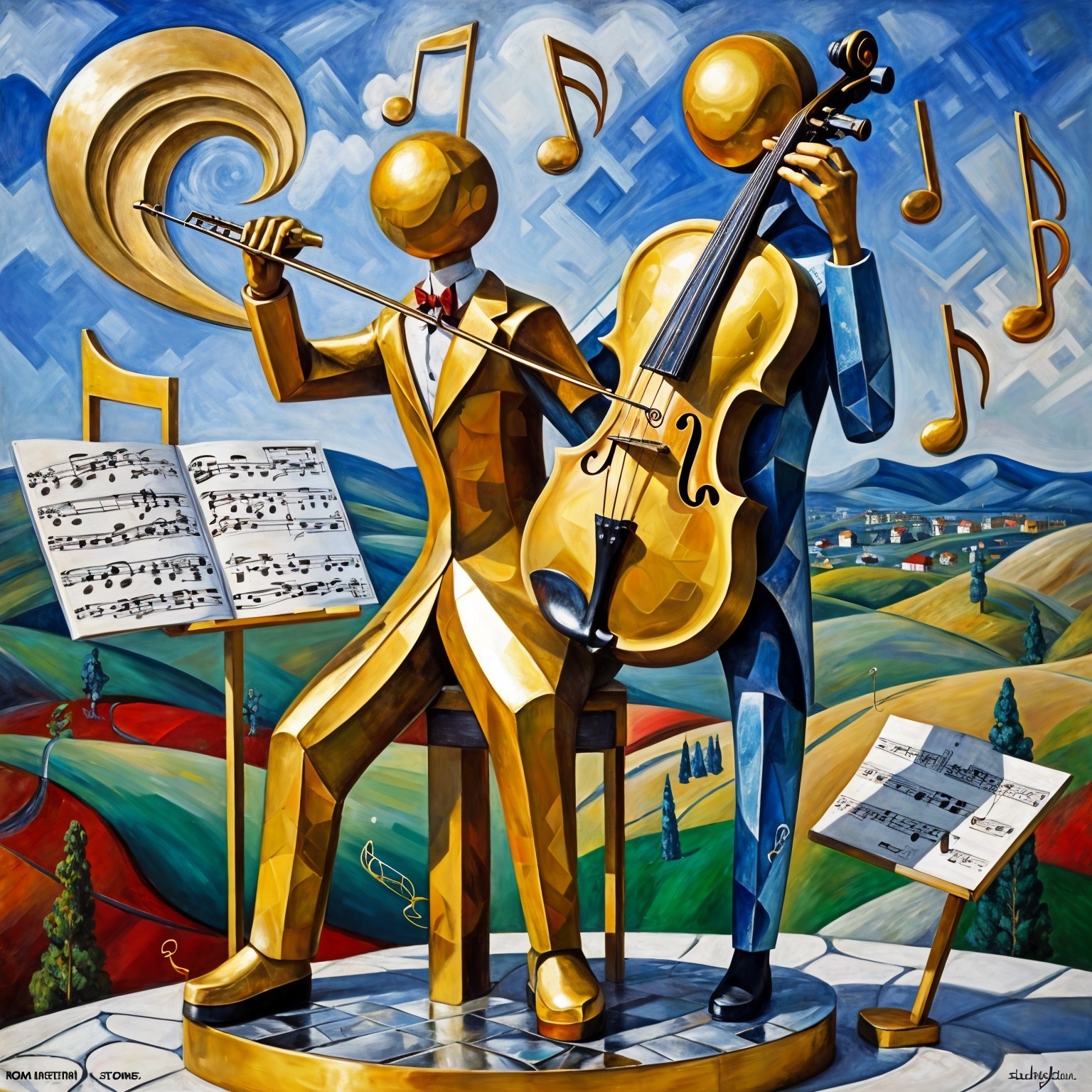 Golden Figures Playing Music in Vibrant Landscape