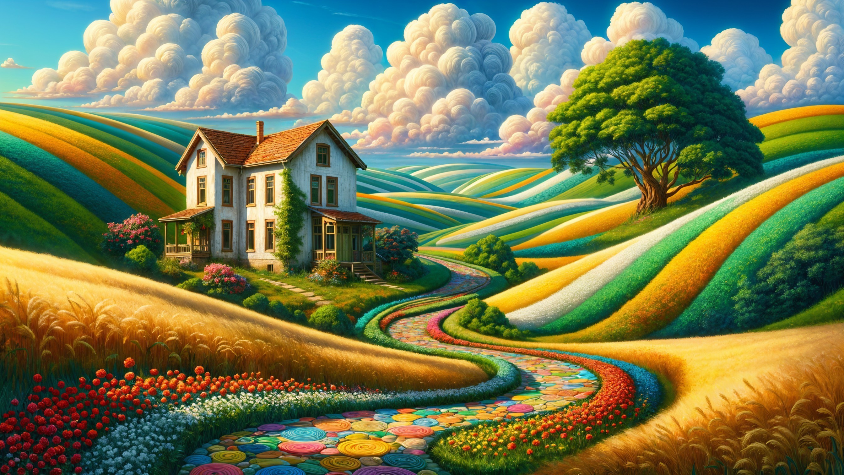 Vibrant Landscape with Quaint House and Colorful Fields