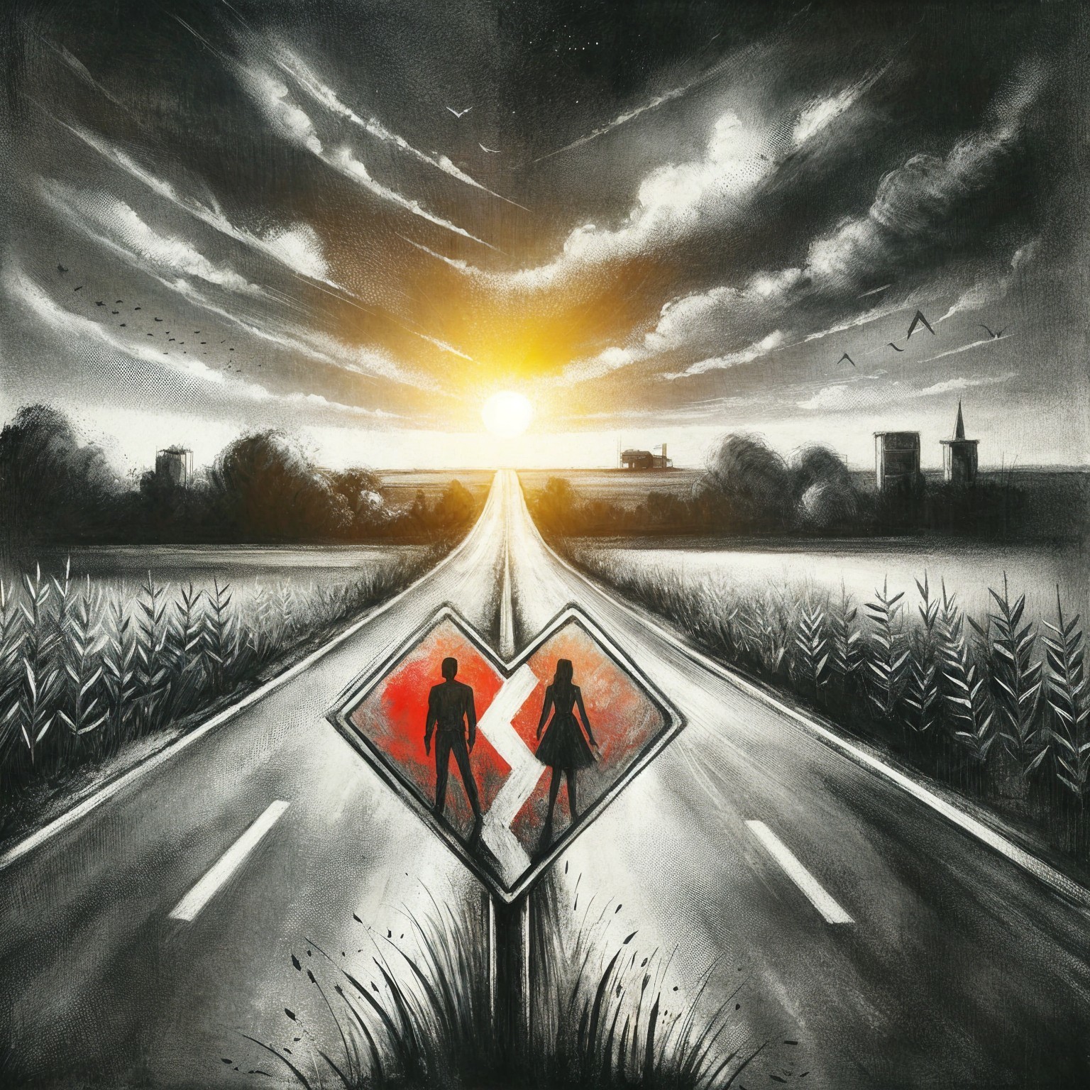 Twilight Scene of Split Road with Heart-Shaped Sign
