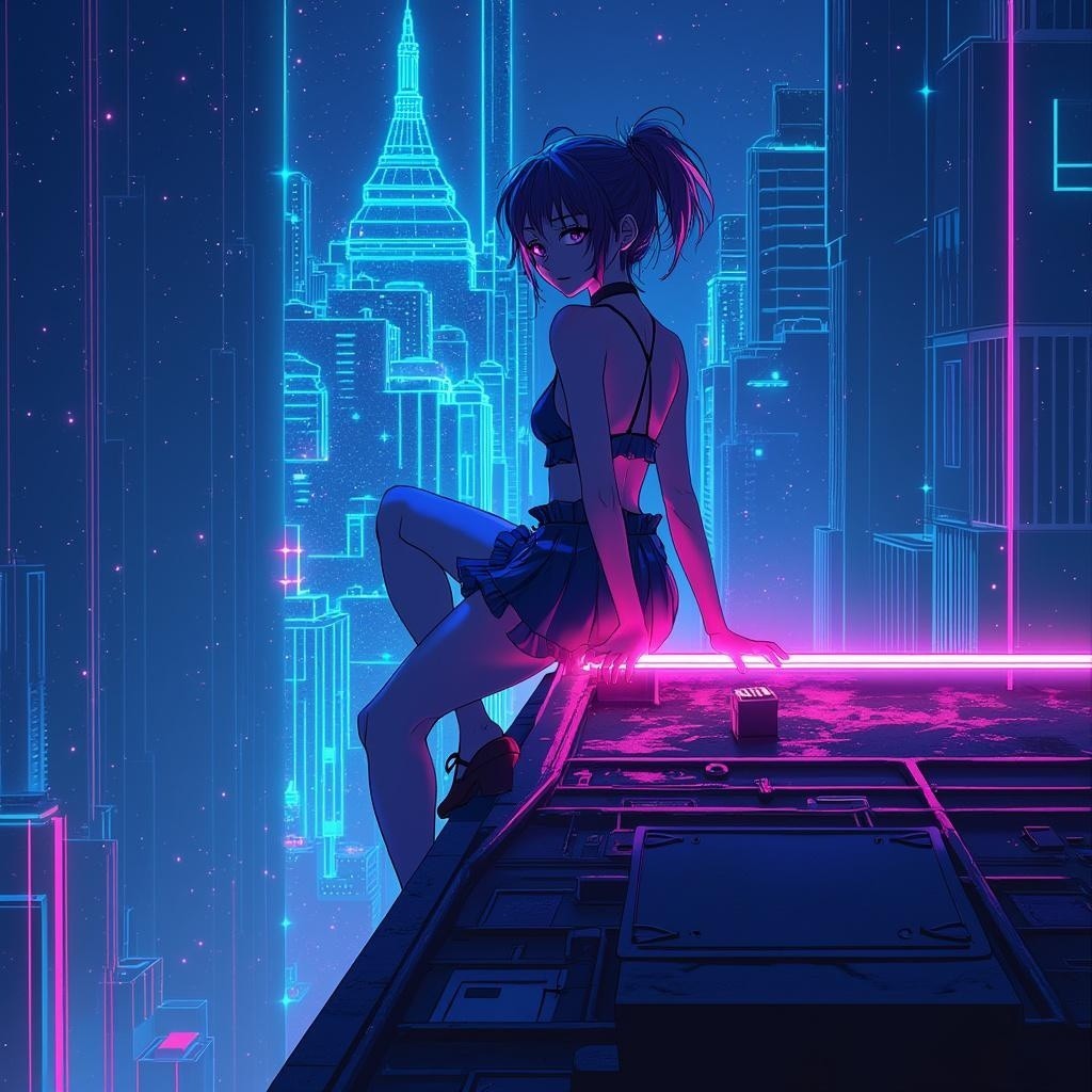 Futuristic Cityscape with Neon Lights and Rooftop Scene