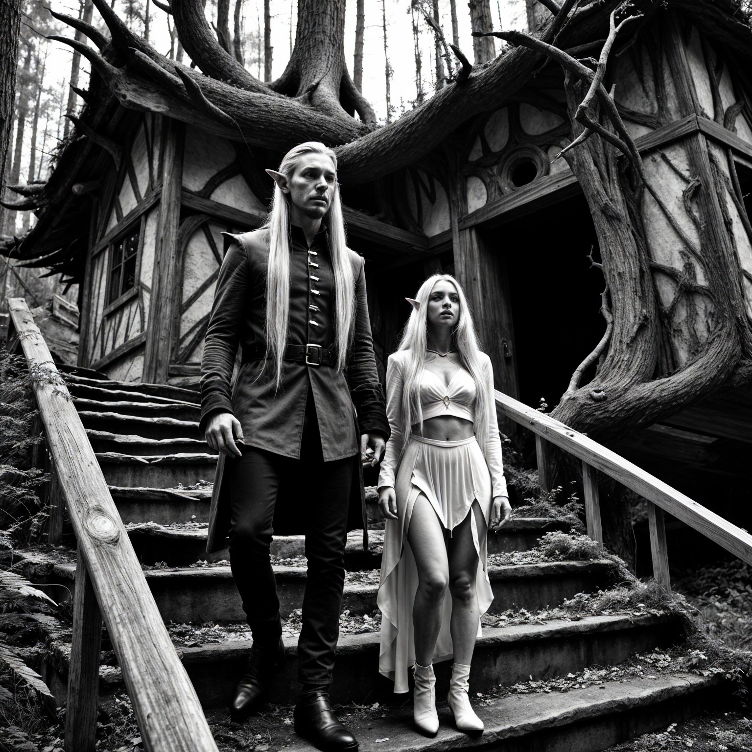Elf-like Figures in Mystical Forest Setting