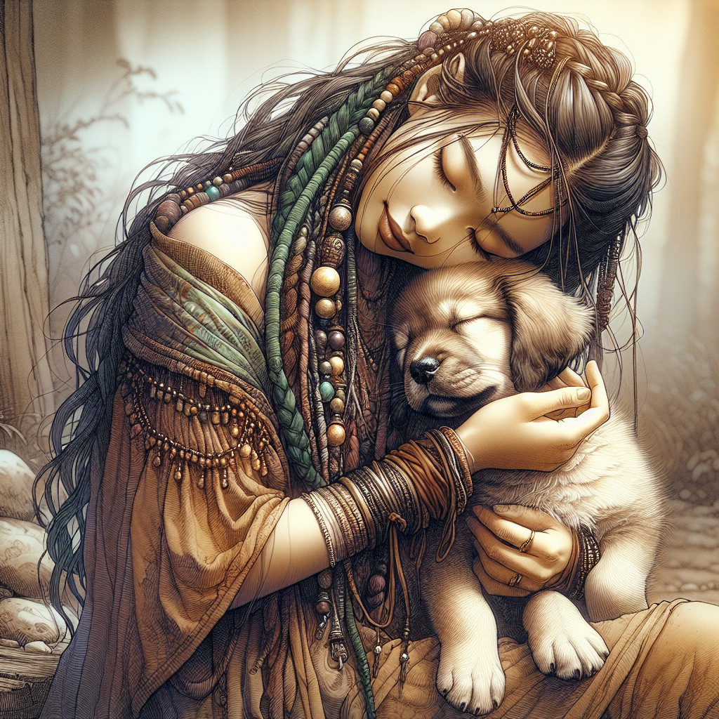 Young Woman with Puppy in Serene Natural Setting