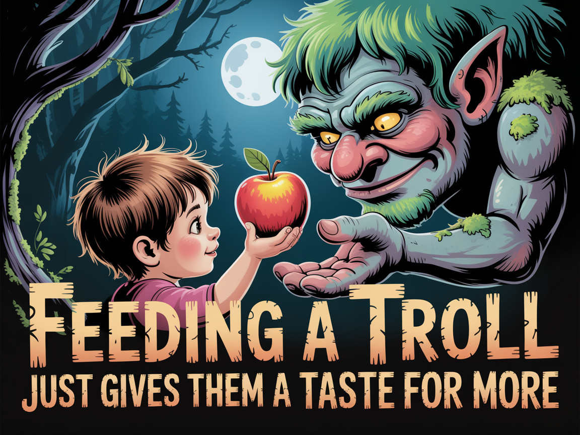 Whimsical Scene of Child and Troll Under Full Moon