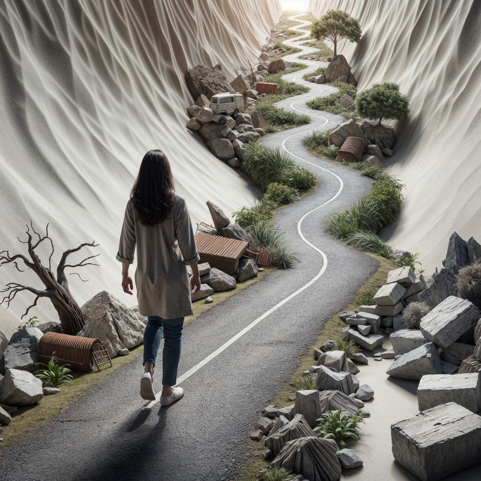 Solitary Figure on Winding Road in Surreal Landscape