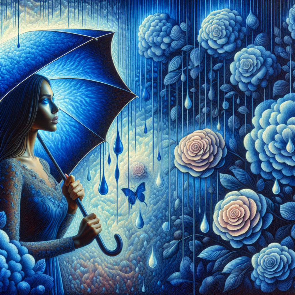 Woman with Blue Umbrella Surrounded by Blue Roses
