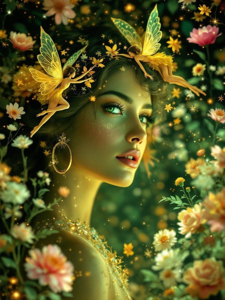 Portrait of a woman in a mystical flower garden