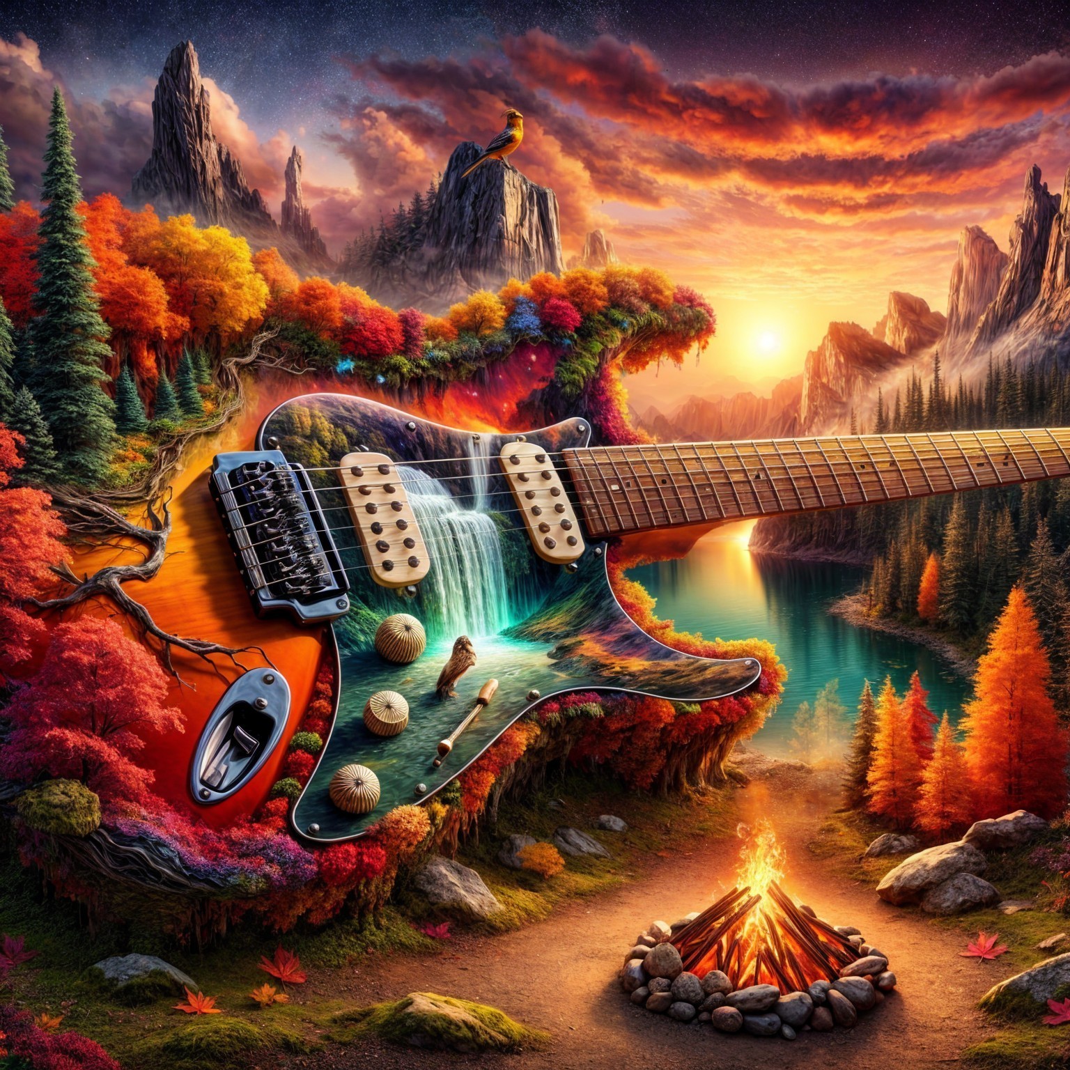 Surreal Landscape with Electric Guitar and Nature Elements