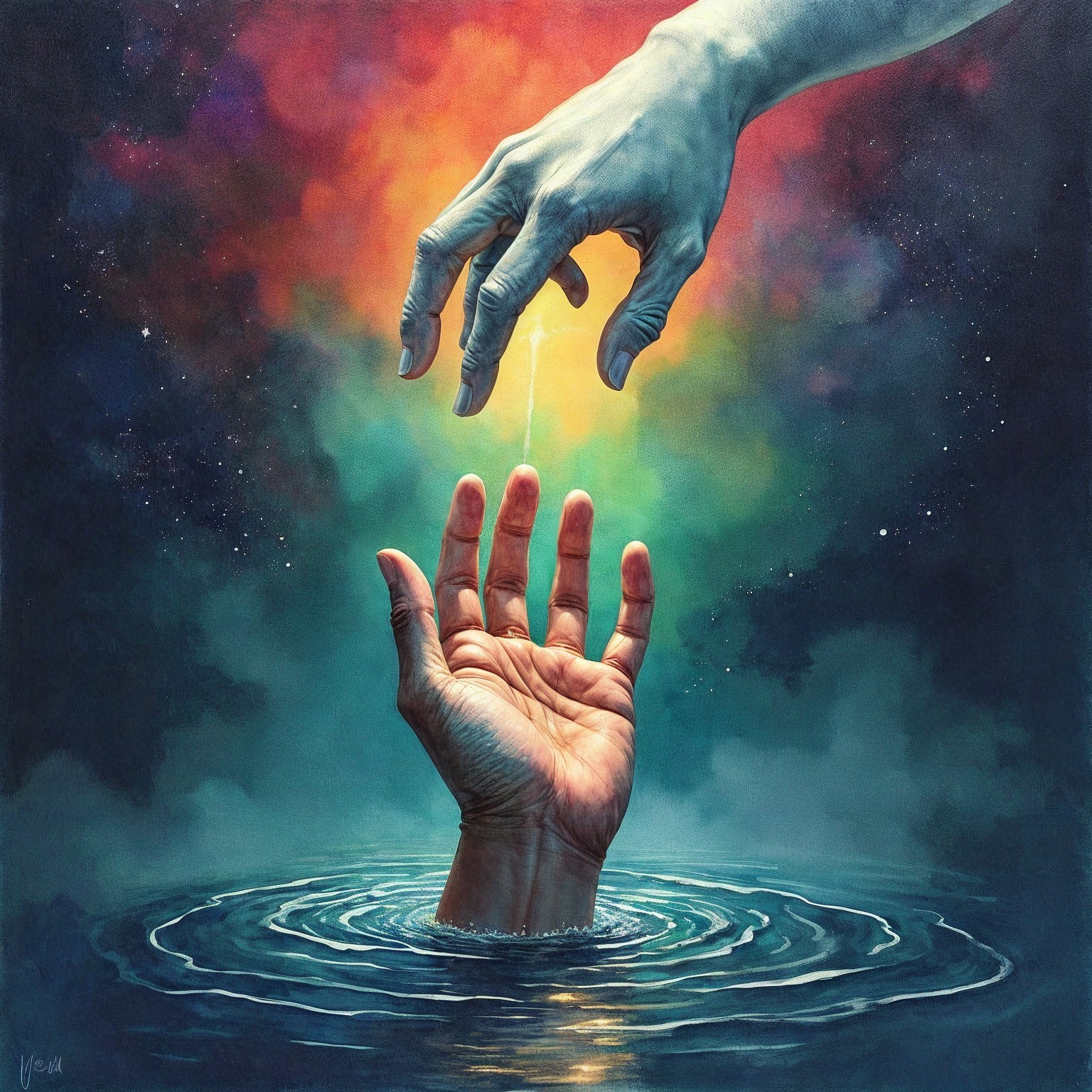 Hands Reaching Across Water in Mystical Colors