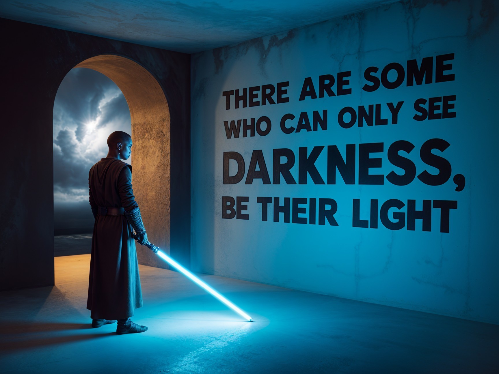 Hooded Figure with Blue Lightsaber in Abstract Setting