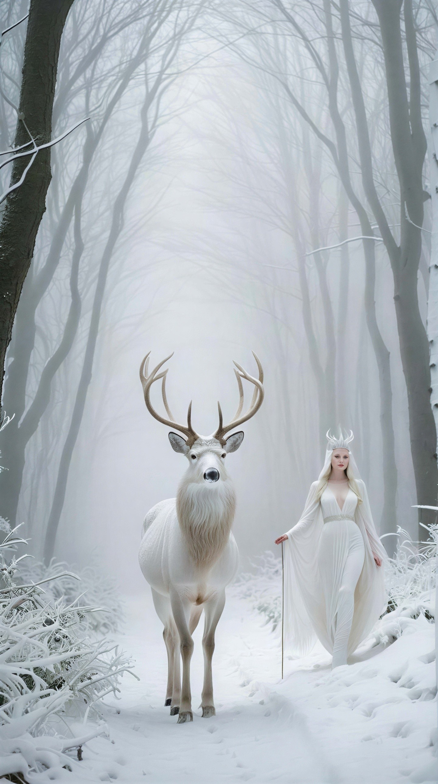 Albino Deer and Ice Queen in Enchanted Winter Forest
