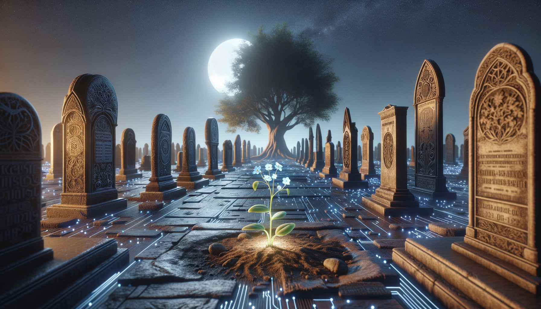 Graveyard Scene with Moon, Tree, and Green Flower