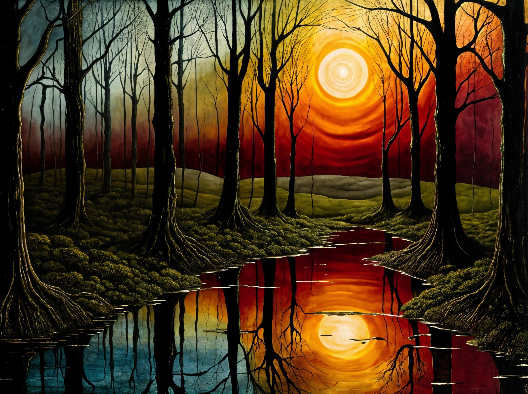 Tranquil Landscape with Sunset and Bare Trees