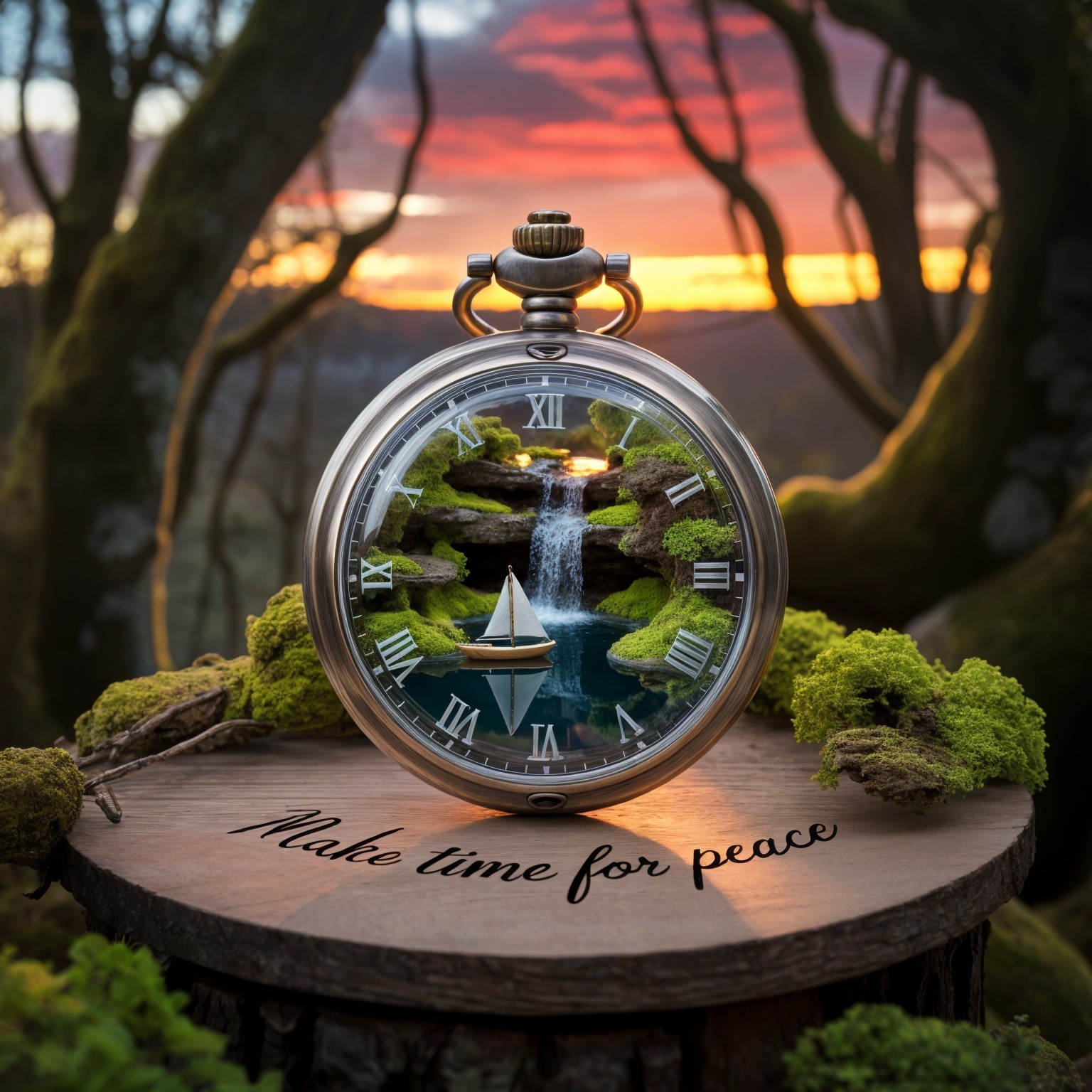 Pocket watch showcasing serene lake and sunset scene