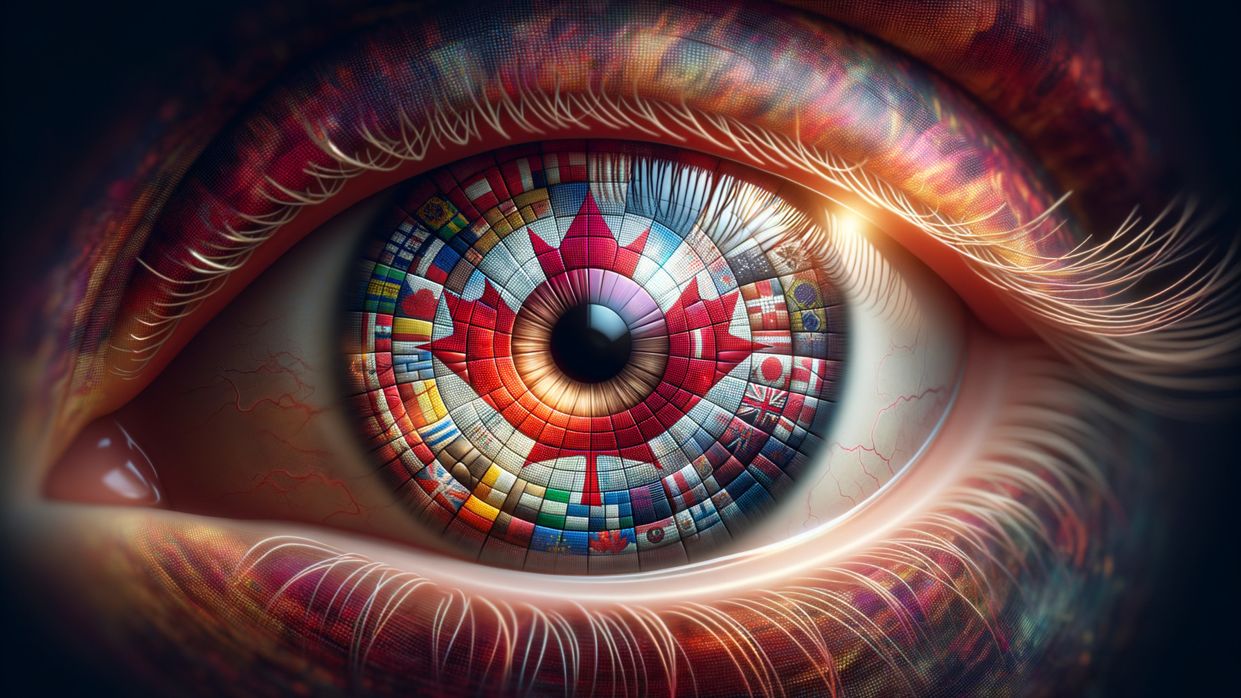 Close-up of an eye with iris resembling national flags