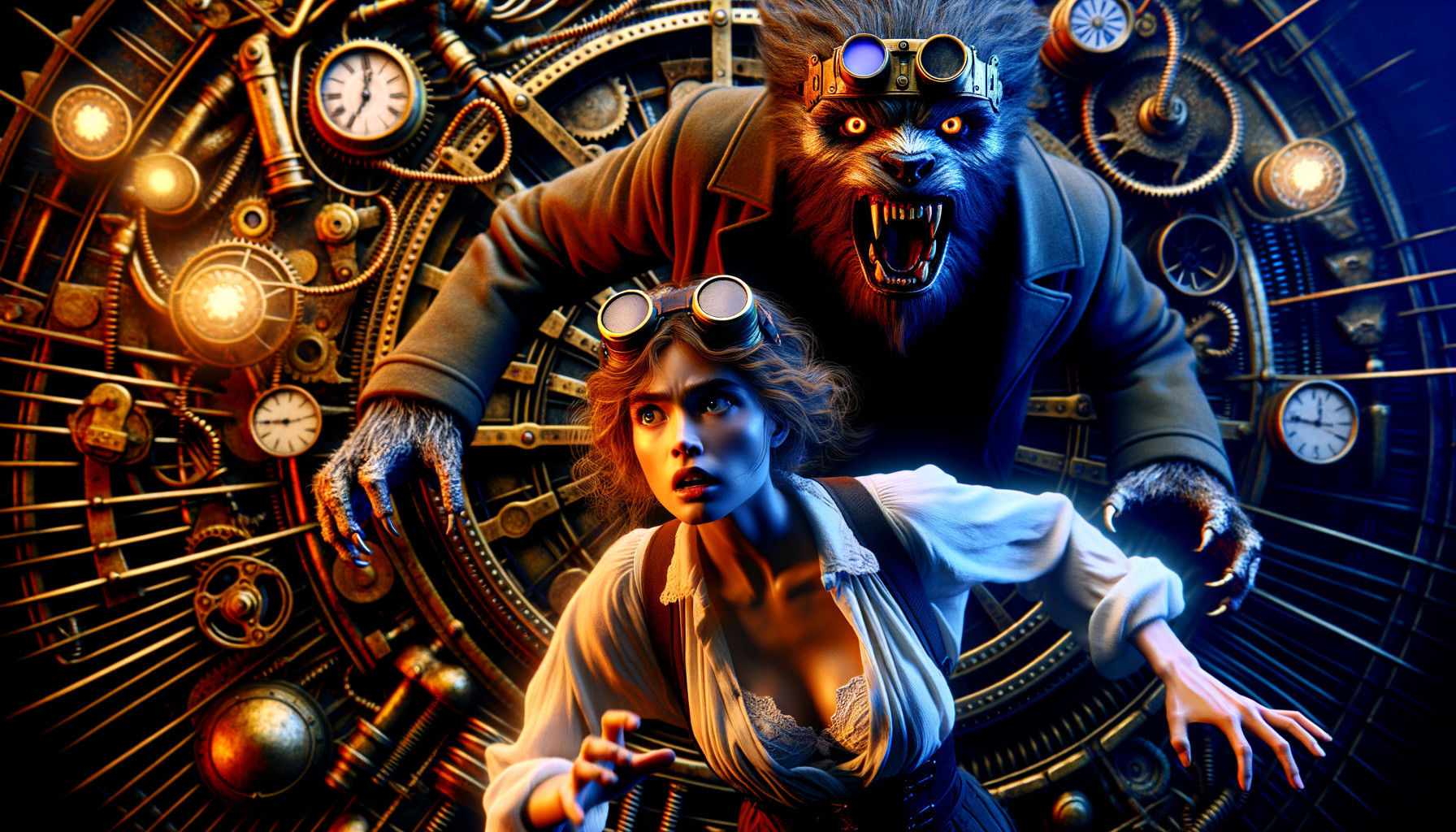 Steampunk Scene with Woman and Looming Werewolf